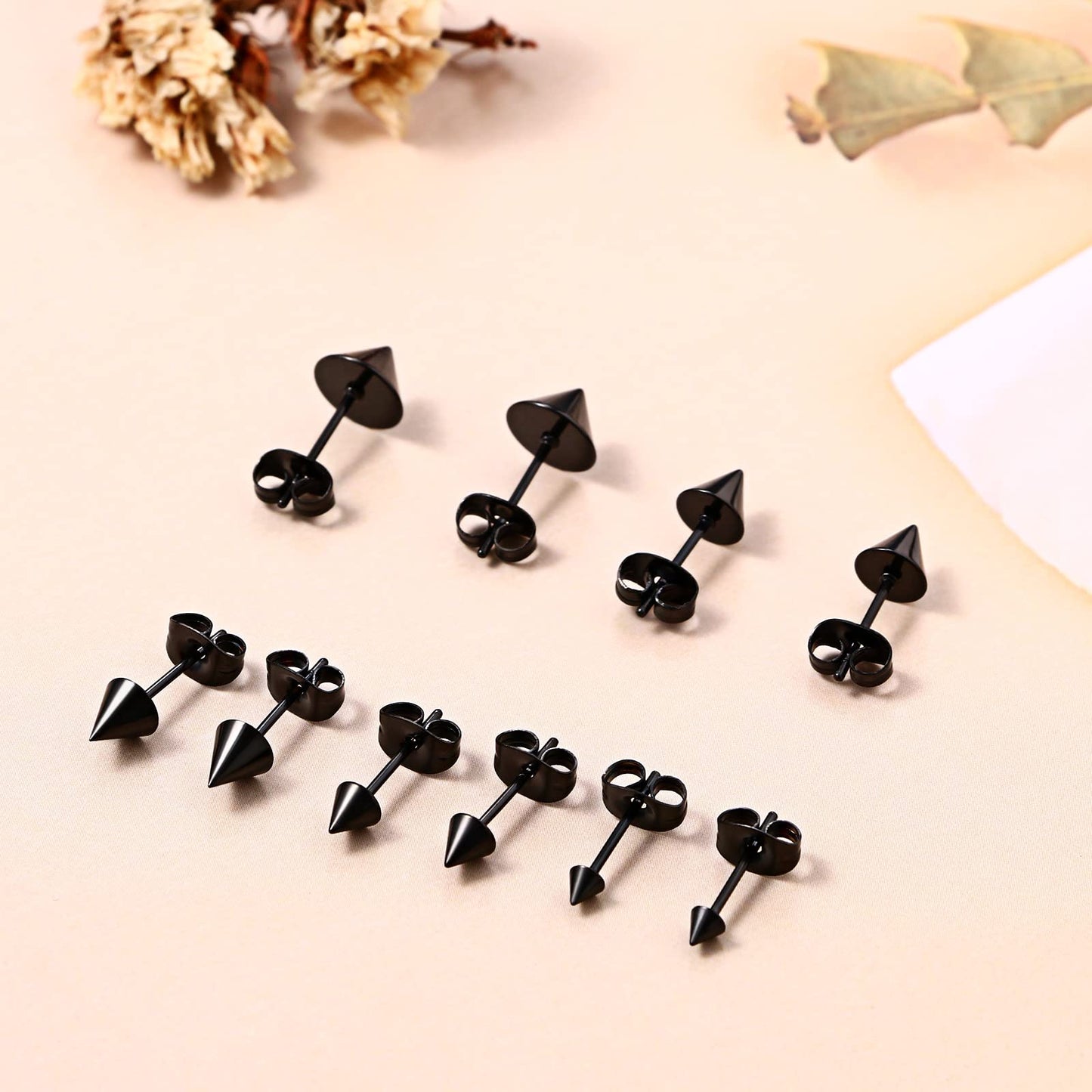 Aroncent 5 Pairs Fake Gauge Black Earrings Stainless Steel Fake Taper Spike Earrings Fake Plug Earrings Goth Punk Accessories Valentines Day Halloween Christmas Gift for Men Women