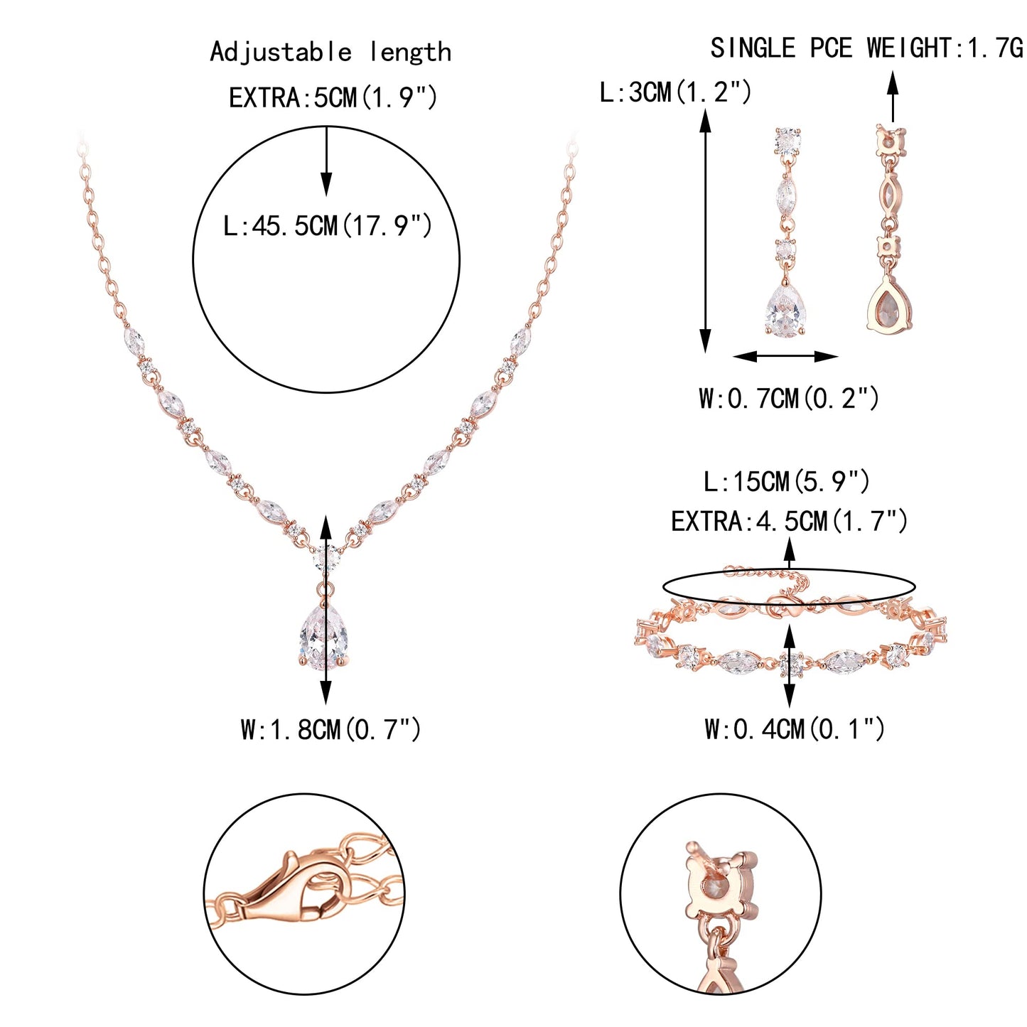 EVER FAITH Bridal Jewelry Sets for Bride Bridesmaid, Sparkly Cubic Zirconia Teardrop Pendant Necklace Dangle Earrings Bracelet Set for Women Clear Rose Gold-Plated-Brass