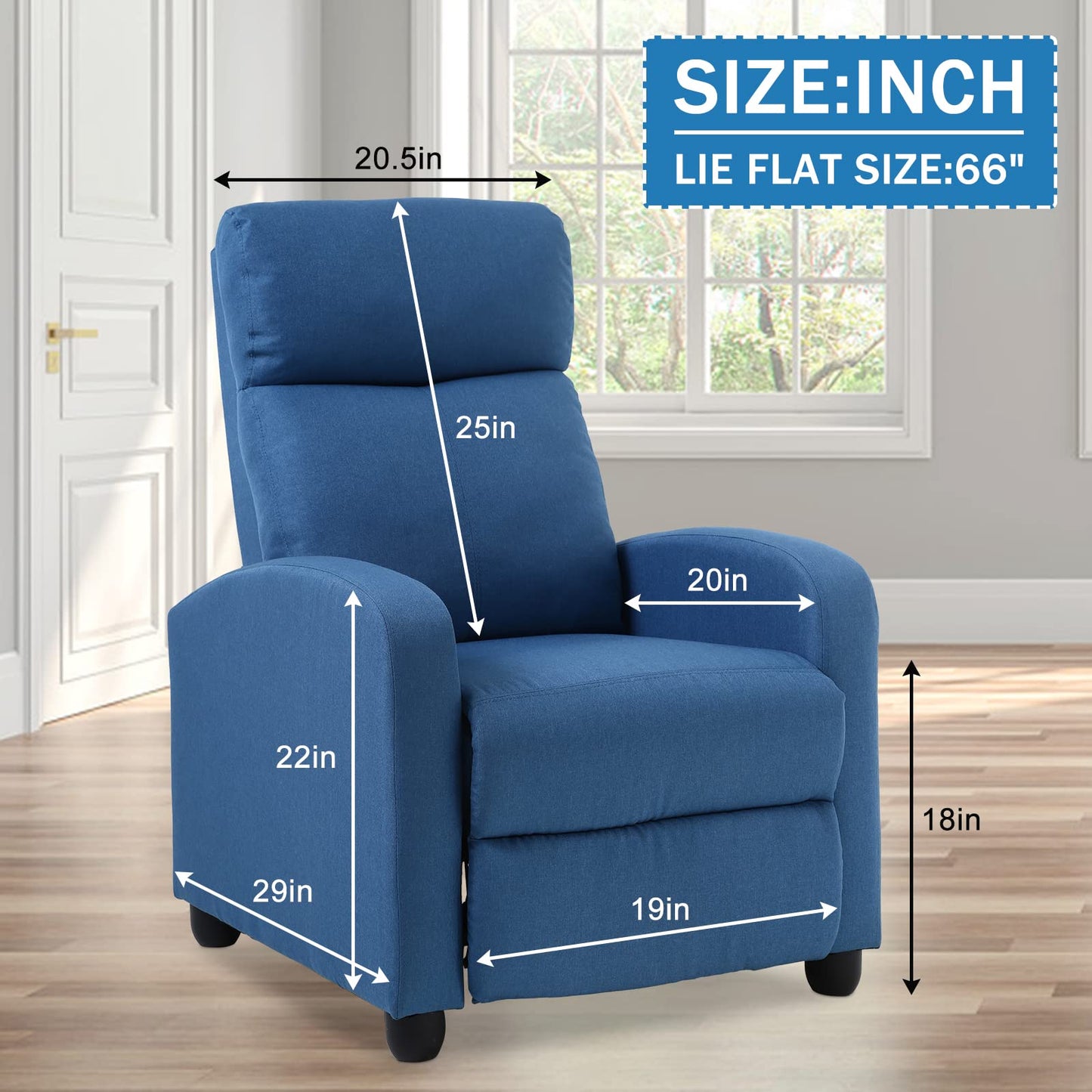 Living Room Recliner Chair Modern Reclining Easy Lounge Winback Single Sofa Reading Chair Fabric Home Theater Seating Massage Adjustable Accent Armchair w/ Thick Seat Cushion & Backrest, Blue