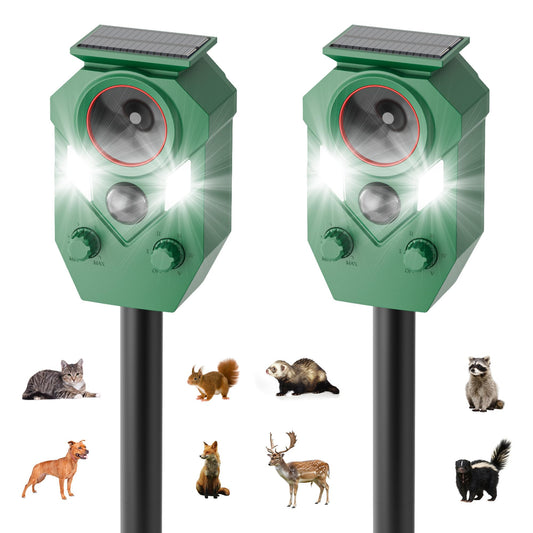 2-Pack Solar Powered Ultrasonic Animal Repeller, Outdoor Waterproof Deer Squirrel with Motion-Activated Sensor Strobe Light, for Cats, Raccoons, Skunks, Rabbits and More