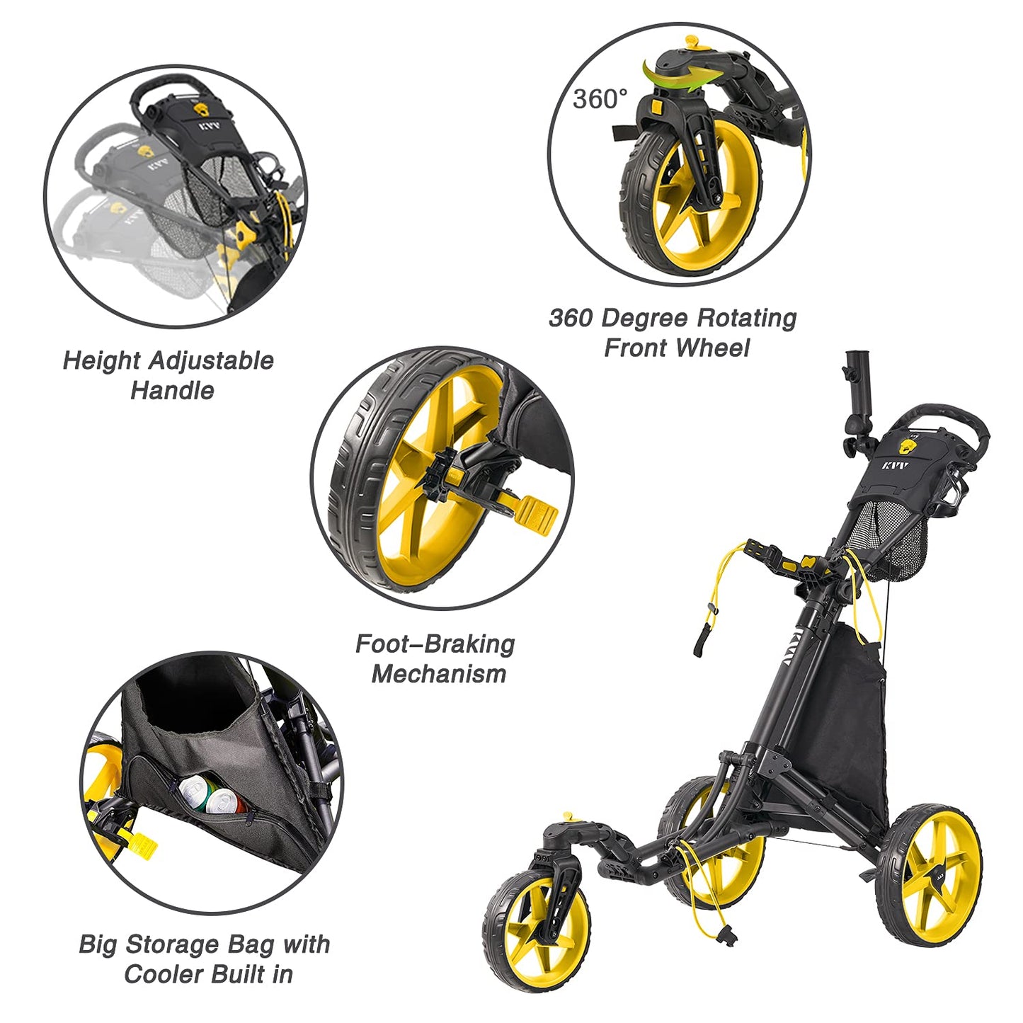 KVV 3 Wheel 360 Rotating Front Wheel Foldable/Collapsible Golf Push Cart with Foot Brake Open and Close in ONE Second-Free Umbrella Holder Included(Charcoal/Yellow)