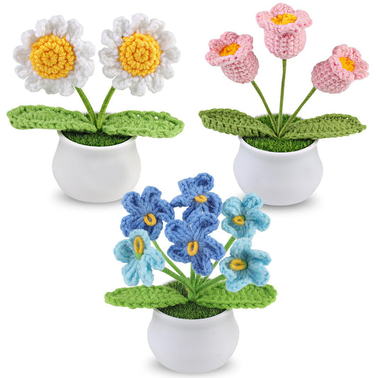 Aeekkya 3pcs Crochet Flowers Pot, Cute Handmade Crochet Flower Desk Decor with Sunflower, Lily of the Valley, Forget Me Not, Gift for Women, Mom, Teacher, Friend, Birthday, Mother’s Day, Thank You