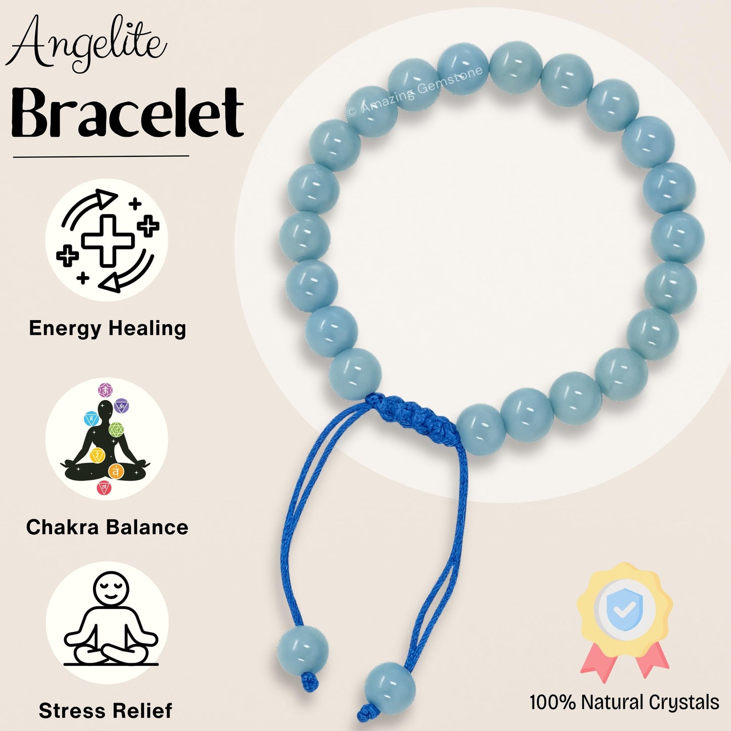 Amazing Gemstone Angelite Bracelet for Women Men's Gifts - Protection Healing Crystal Bracelet - 8mm Gemstone Beaded Adjustable Bracelet Pulseras Para Hombres Mujer Stocking Stuffers