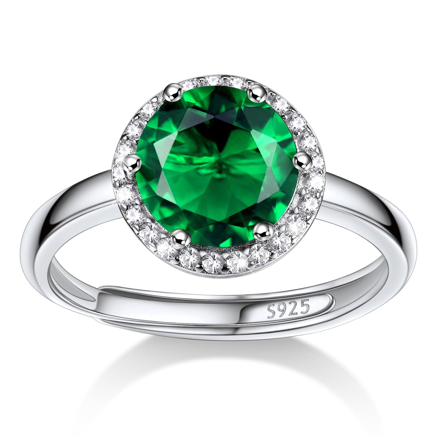 Bestyle Round May Emerald Birthstone Rings Embellished with White Cubic Zirconia Minimalist Sterling Silver Open Band Gemstone Rings for Birthday/Christmas/Party/Anniversary/Wedding