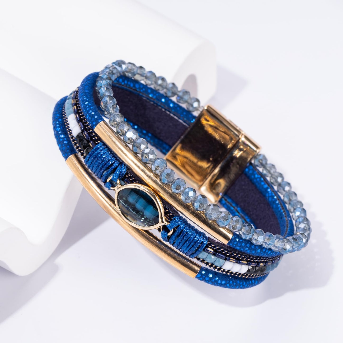 Becklynn Boho Leather Wrap Bracelets Beaded Crystal Stackable Cuff Bracelet with Magnetic Clasp Cowboy Cowgirl County Concert Outfits Western Jewelry Gifts for Women(Crystal Navy Blue)