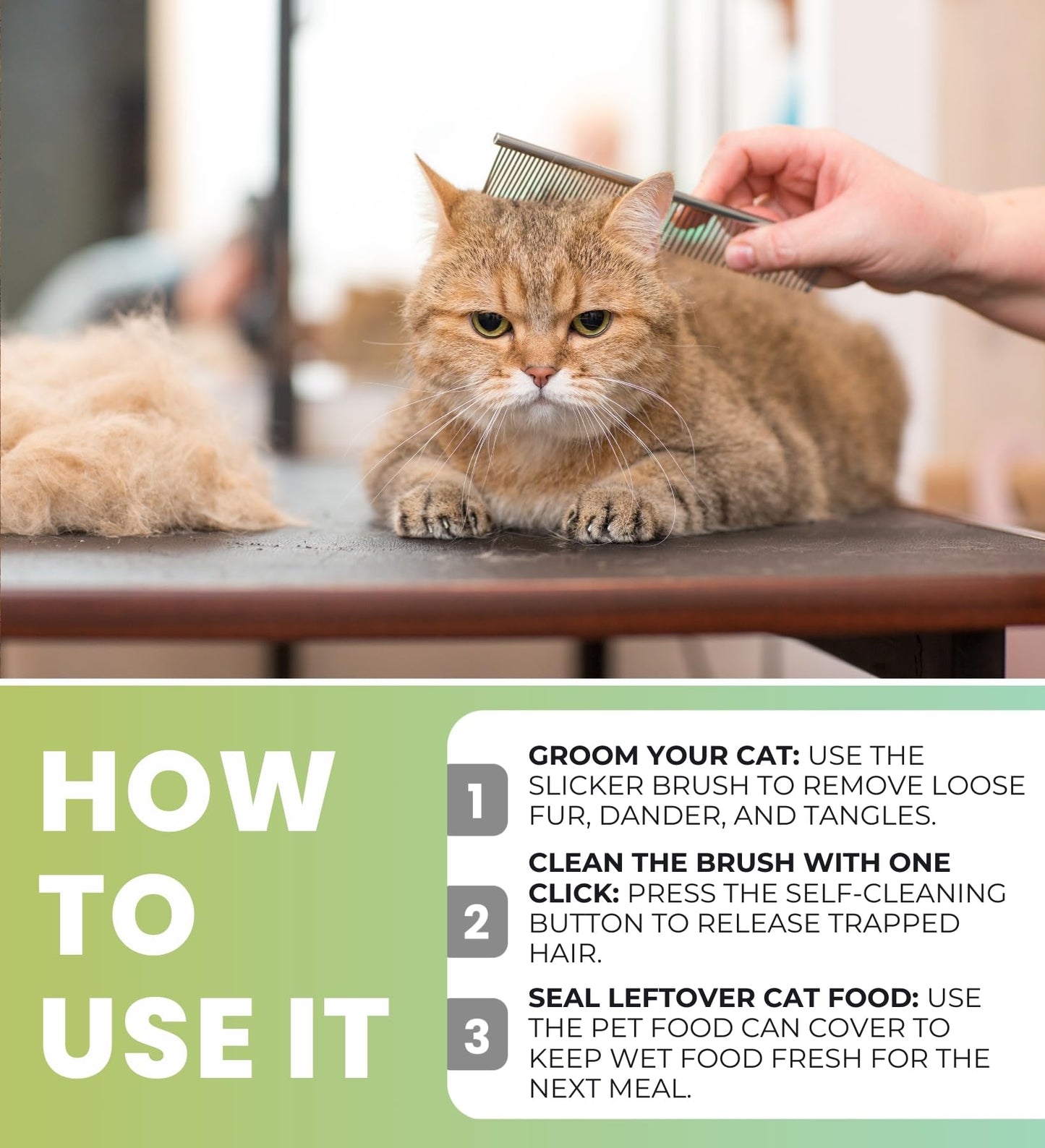 SAFARI SELF-CLEANING SLICKER BRUSH FOR CATS Bundle with PET FOOD CAN COVER – Reduces Shedding, Removes Tangles & Mats, Gentle Grooming with Stainless Steel Pins – Gift Set (2 Items)