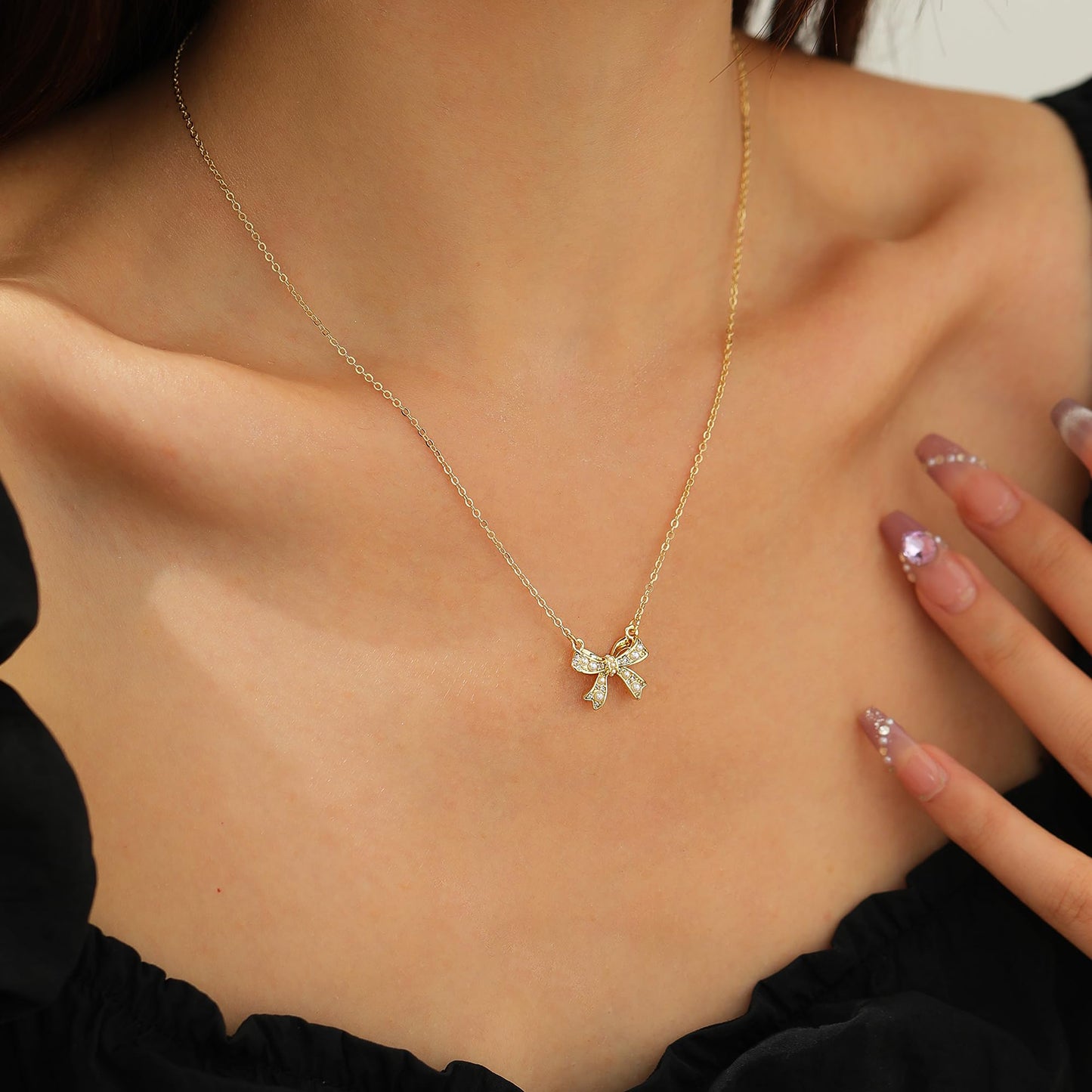 ANDKISS Bows Pendant Necklaces for Women - Dainty Necklace 14k Gold Plated Necklace Simple Gold Charm Jewelry For Women (Bow-1)