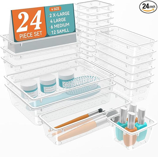 24 PCS Drawer Organizer Set, 4 Sizes Tool Storage Trays, Clear Plastic Makeup Vanity Organizer and Storage Bins for Makeup, Stationeries, Multiple Gadgets for Bathroom, Office, Bedroom