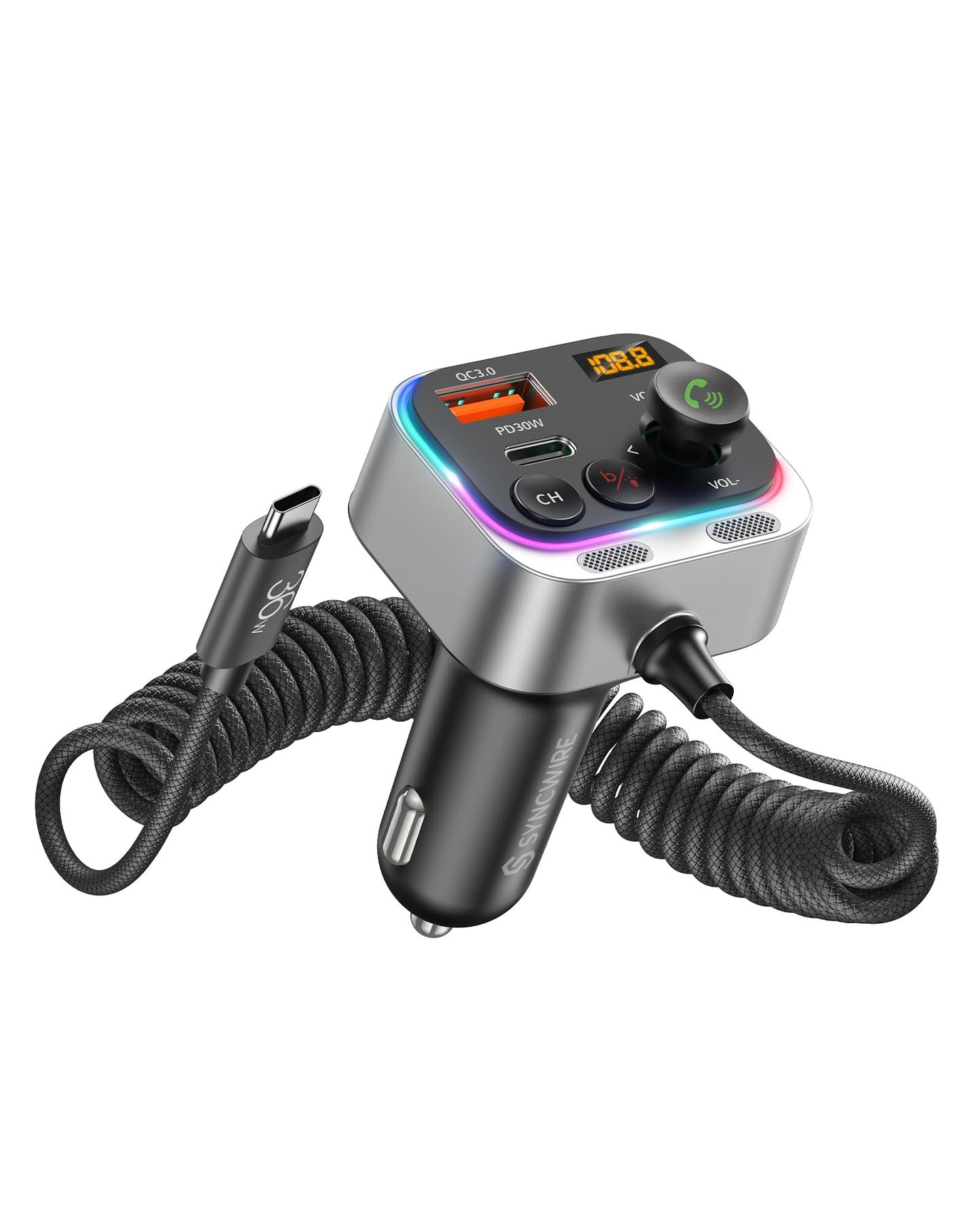 Syncwire Bluetooth 5.4 FM Transmitter Car Adapter 66W PD & QC 3.0 Fast Charging with USB-C Cable Wireless Radio Adapter with Light Control, HiFi Bass, Hands-Free Calling and Strong Mics