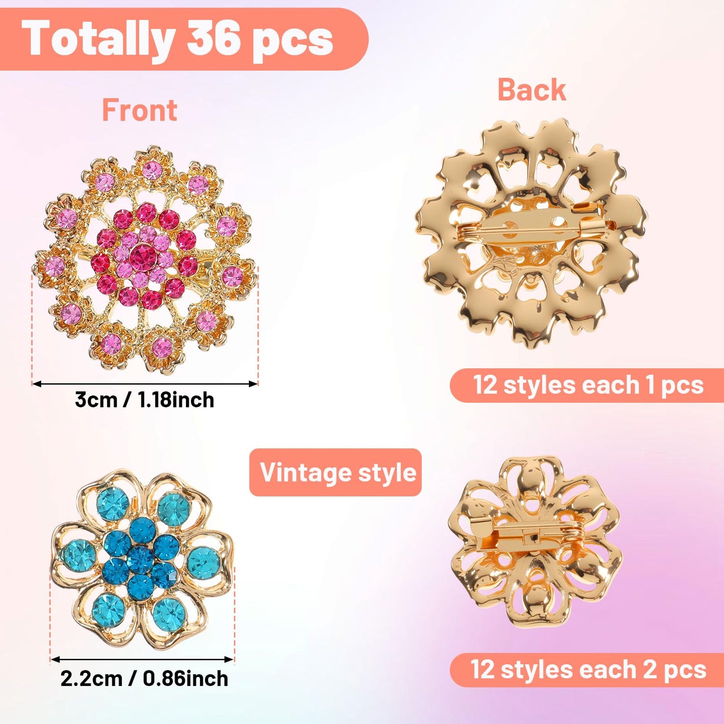 36pc Mixed Color Rhinestone Crystal Flower Brooches Pins Mixed Color Costume Jewelry Retro for Wedding Party Bouquet Crafts Kit Gifts