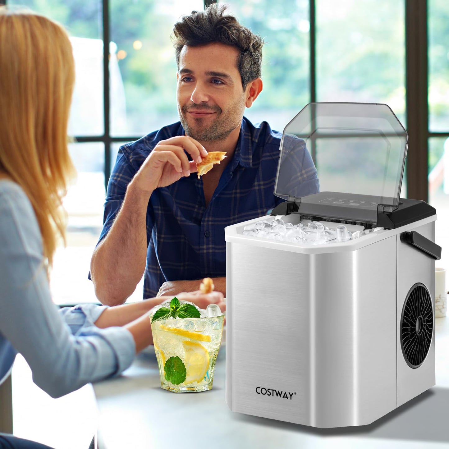 COSTWAY Countertop Ice Maker with Self-Cleaning, 9 Ice Cubes Ready in 6-13 Mins, 26.5Lbs/24H, 2 Sizes of Bullet Ice, Portable Ice Machine with Handle, Ice Scoop and Basket for Home Office (Silver)