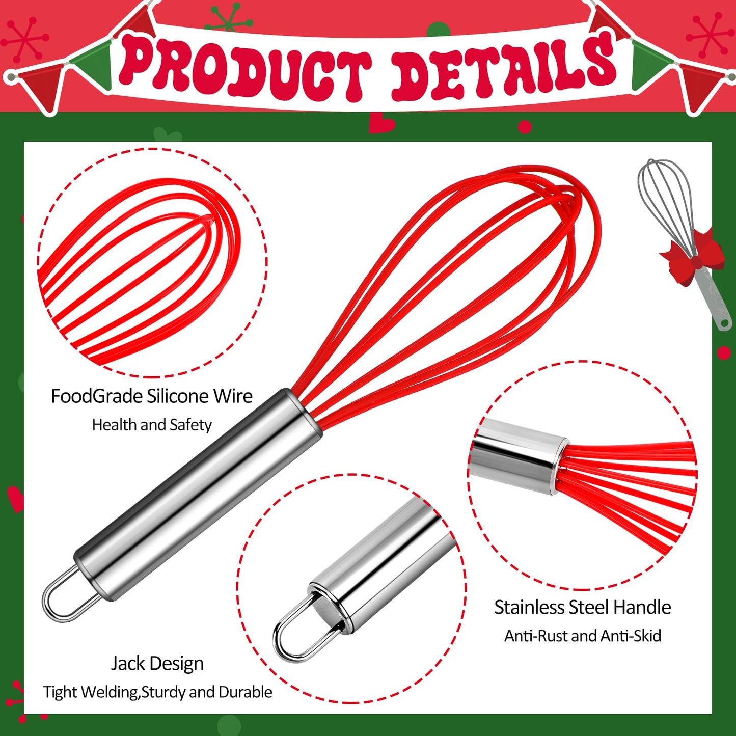 Nuogo 24 Sets Christmas Neighbor Gifts Christmas Whisk Baking Cooking Supplies Includes 8 Inch Stainless Steel Whisk, Greeting Cards, Ribbons, Plastic Bags for Kitchen Supplies Xmas Stocking Stuffers