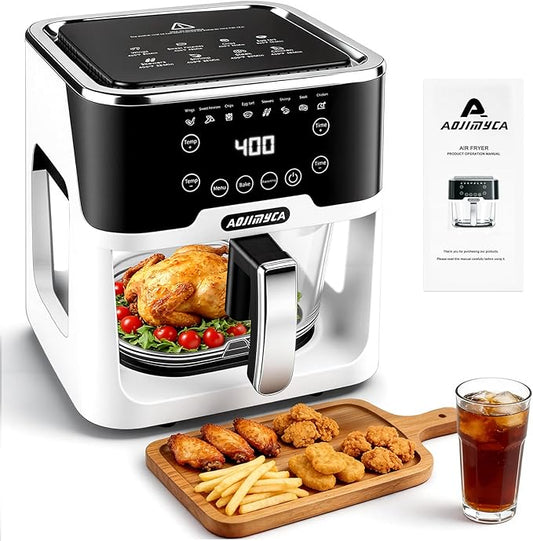 Glass Air Fryer, Portable Air Fryer with 6.0QT Glass Container, Adjustable Temp & Time, Overheat & Power-Off Protection, 8-in-1 Non Toxic AirFryer for Quick Easy Meals