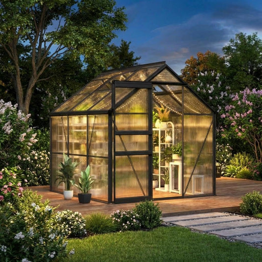 6X6FT Walk-in Polycarbonate Greenhouse, Outdoor Weatherproof Greenhouse Kit with Adjustable Roof Vent, Sliding Door & Gutter Drainage, Portable Green House for Patio Backyard Winter Gardening