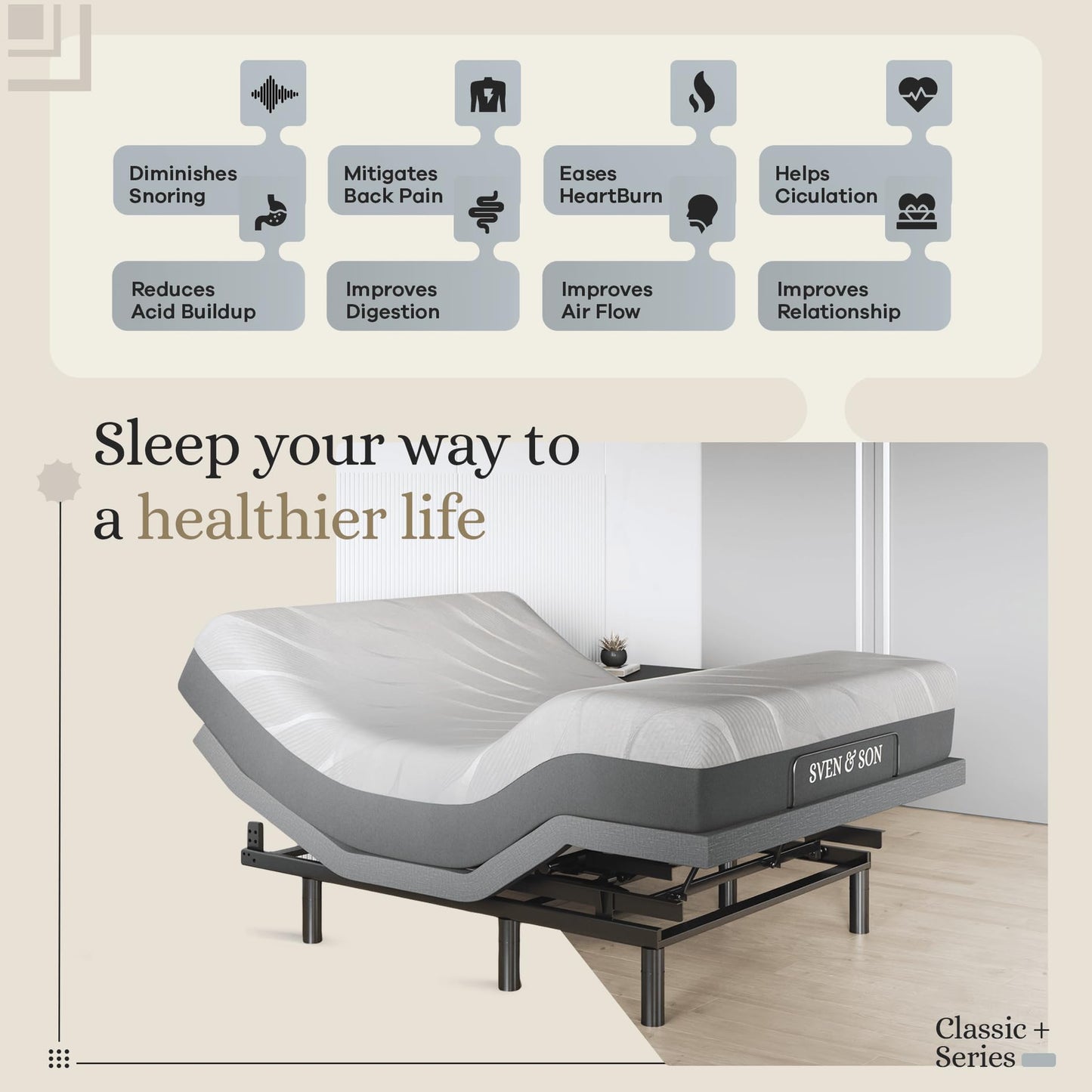 Sven & Son Harmony Adjustable Bed Base, Head and Foot Lift, Massage, Under-Bed Lights, USB, Gel Memory, Zero Gravity Smart Frame - Full + 12 inch Memory Foam Matt (Medium)