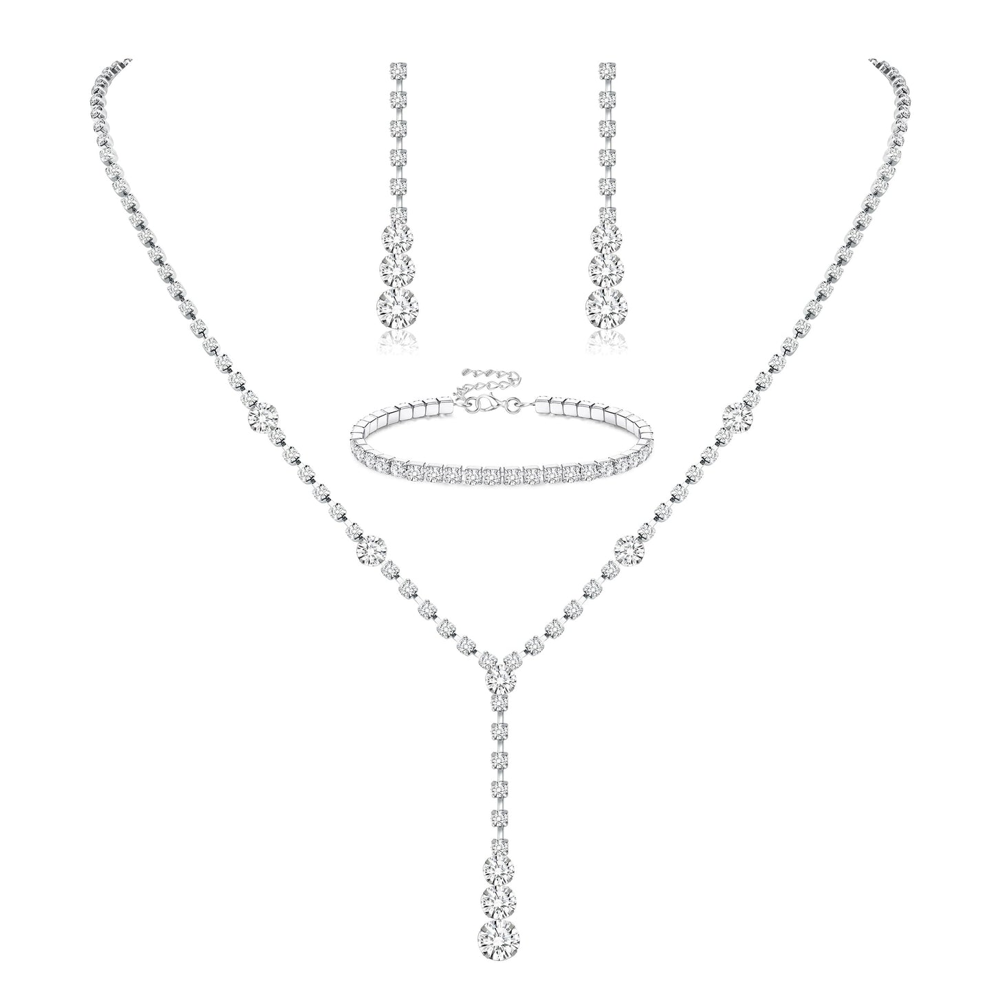 Jstyle 3 Pcs Silver Jewelry Set for Women Wedding Bridal Necklace Earrings Bracelet with Crystal CZ Hypoallergenic Prom Jewelry Set for Bride Bridesmaid Party Birthday Accessories Style 4