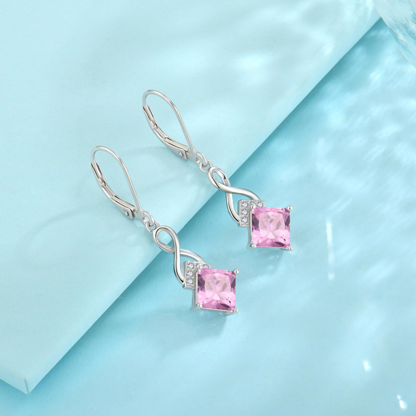 Rocayi Pink Tourmaline Jewelry Set 925 Sterling Silver Infinity Princess Cut Necklace and Earrings Set October Birthstone Jewelry for Women
