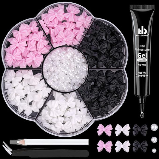 120 Pcs 3D Nail Bow Charms + 2-4mm Nail Pearls Set 8, Pink White Black Bow Nail Charms and White Flatback Pearls with Nail Charm Glue Gel(UV Needed) and Pickup Tools for Nail Art Decoration, Small