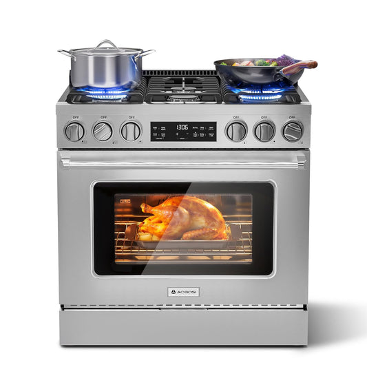 AAOBOSI 36 Inch Gas Range Oven, 6 Cu.Ft Front 6 Sealed Cooktop Burners,Smrt Control Air Fryer Convection Self Clean Oven, Freestanding Stainless Steel Heavy Duty Gas Stove with Halogen Light,NG/LPG