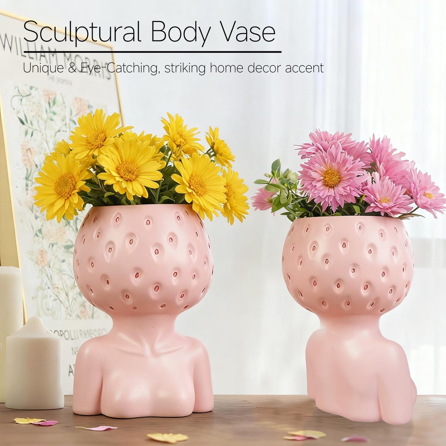 Female Body Vase, Strawberry Face Planter for Decor, Unique Cute Head Planter Pot Bust Planter with Drainage Hole, Resin Flower Pot for Indoor Outdoor Plants Succulents Aesthetic Home Decor Gift, Pink