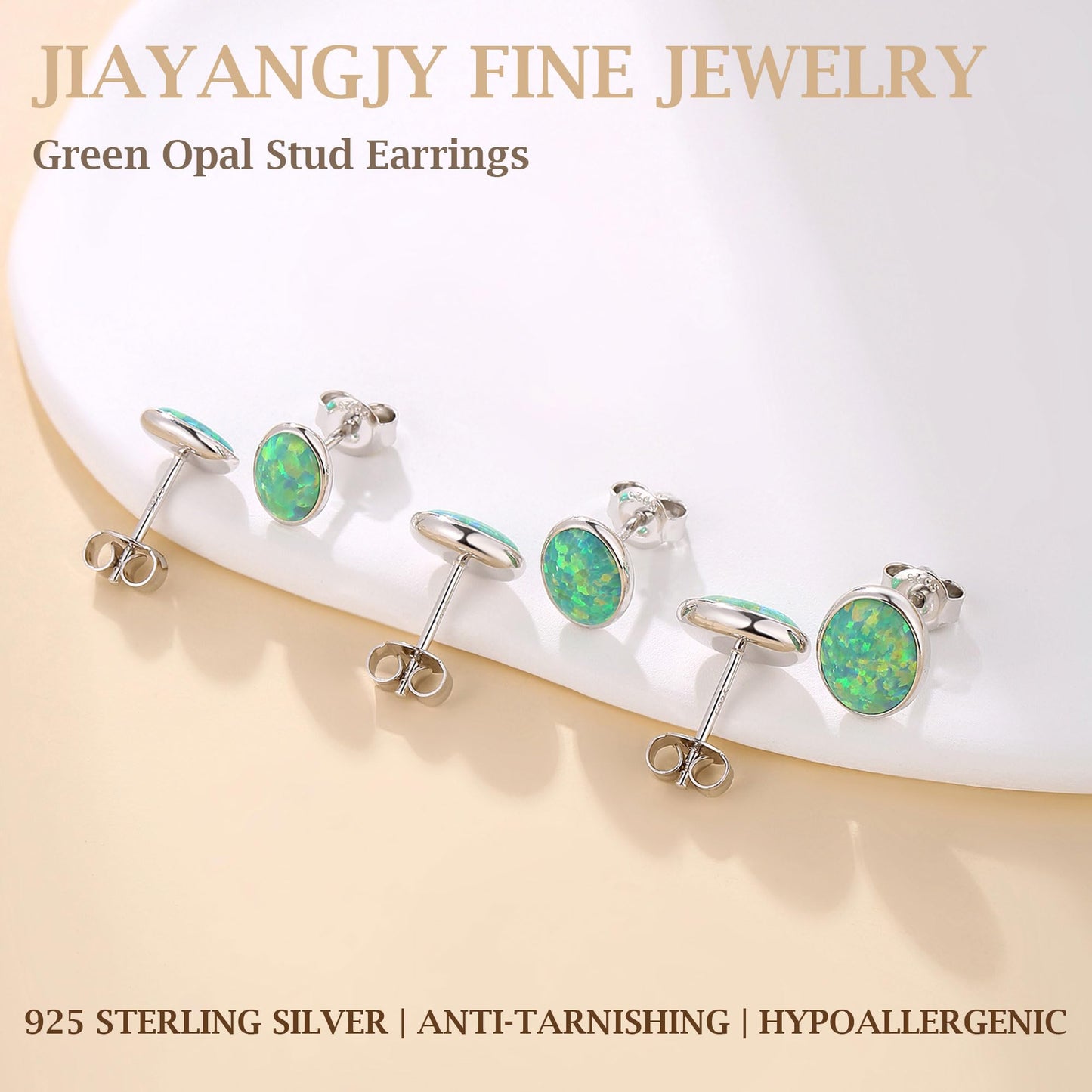 JiayangJY Silver Green Fire Opal Stud Earrings for Women Sterling Silver Oval Shape 6mm Opal Earrings with Push Back