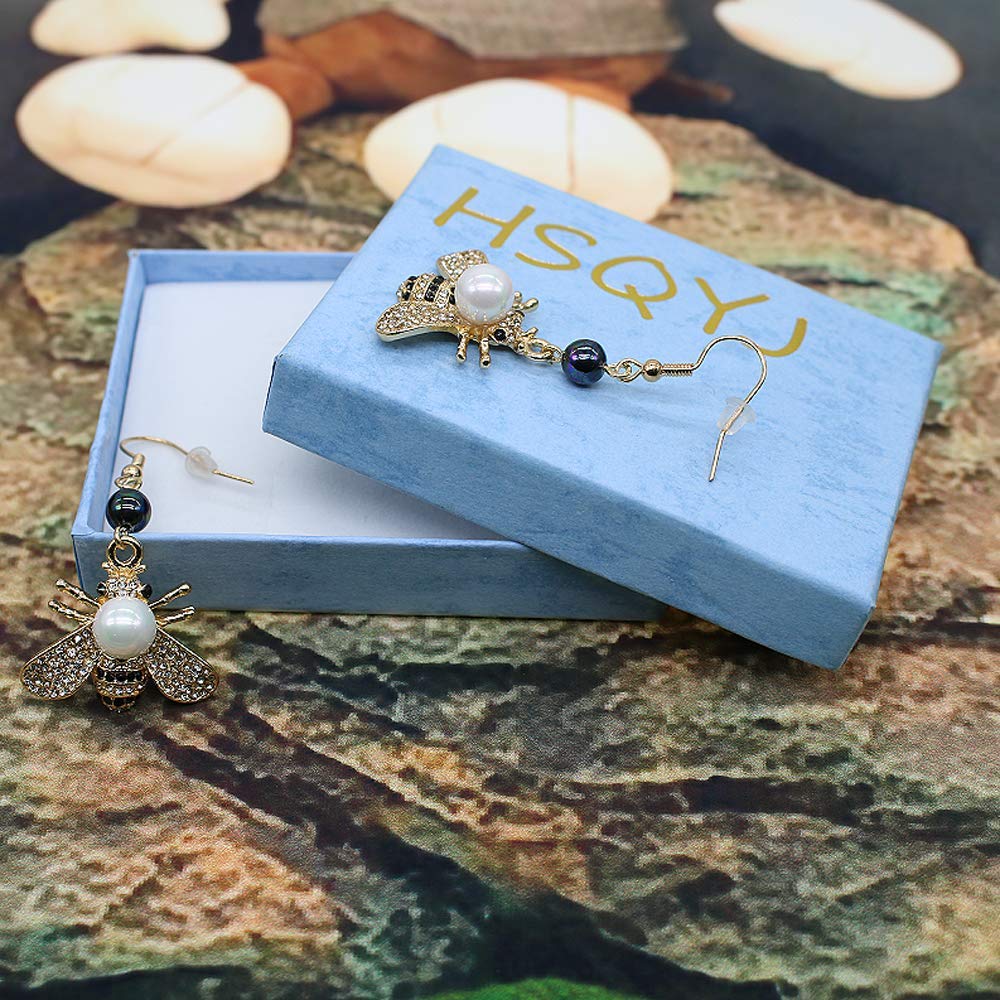 Honey Bee Drop Earrings Crystal Insect Themed Dangle Earring Animal Fashion Shell Pearl Hook Earring Gold Tone for Women Jewelry (white pearl +black pearl hook)