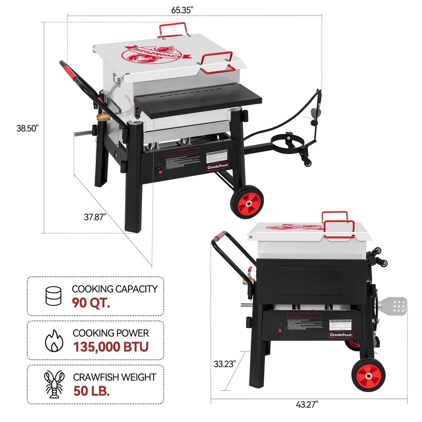 Creole Feast CFB1001A 90 QT Crawfish Boiler, Outdoor Single Sack Propane Gas Cooker with Folding Cylinder Mounting Bracket and Stirring Paddle for Seafood & Crawfish Season, Black