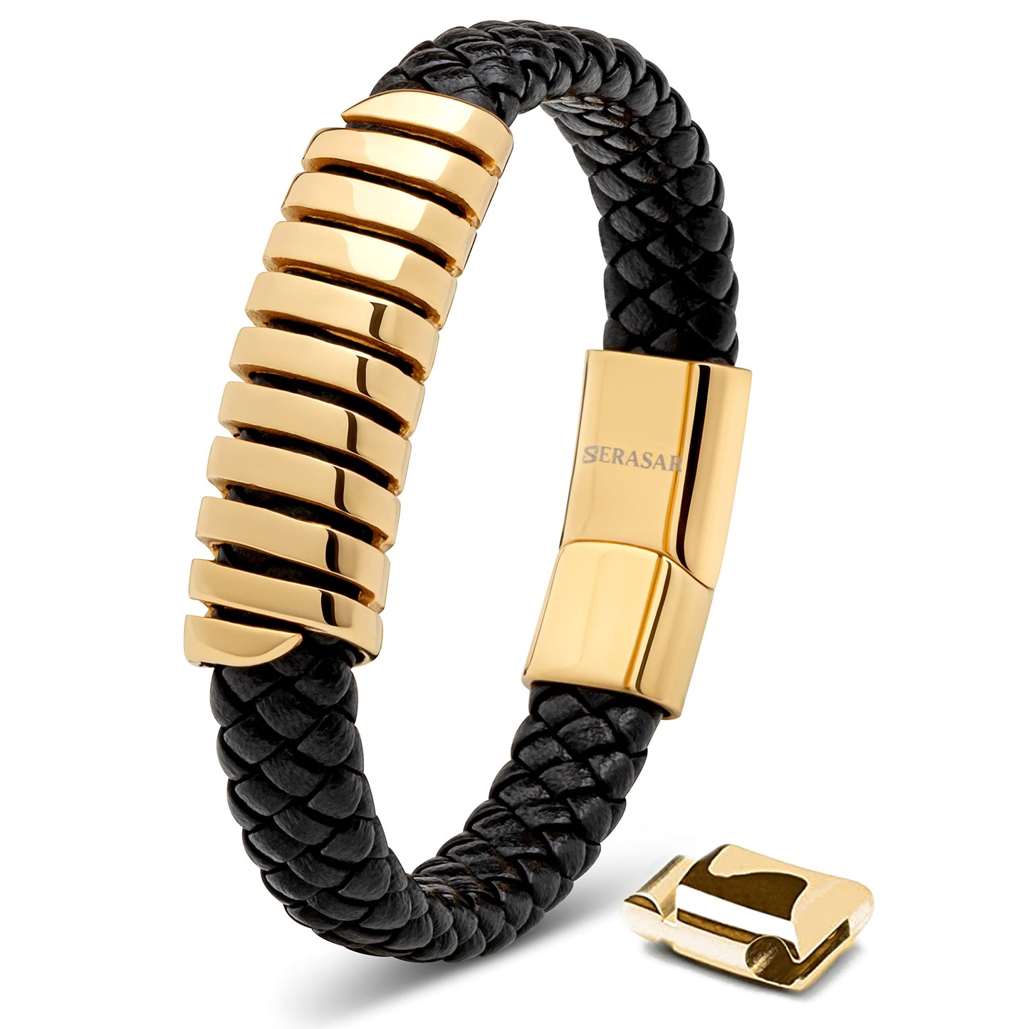 SERASAR Pulsera de oro para hombre 17cm con caja regalo hombre, trenzas piel vaca, cierre magnetico ajustable, joyero multicapa, joyeria cuerda magnetica masculina