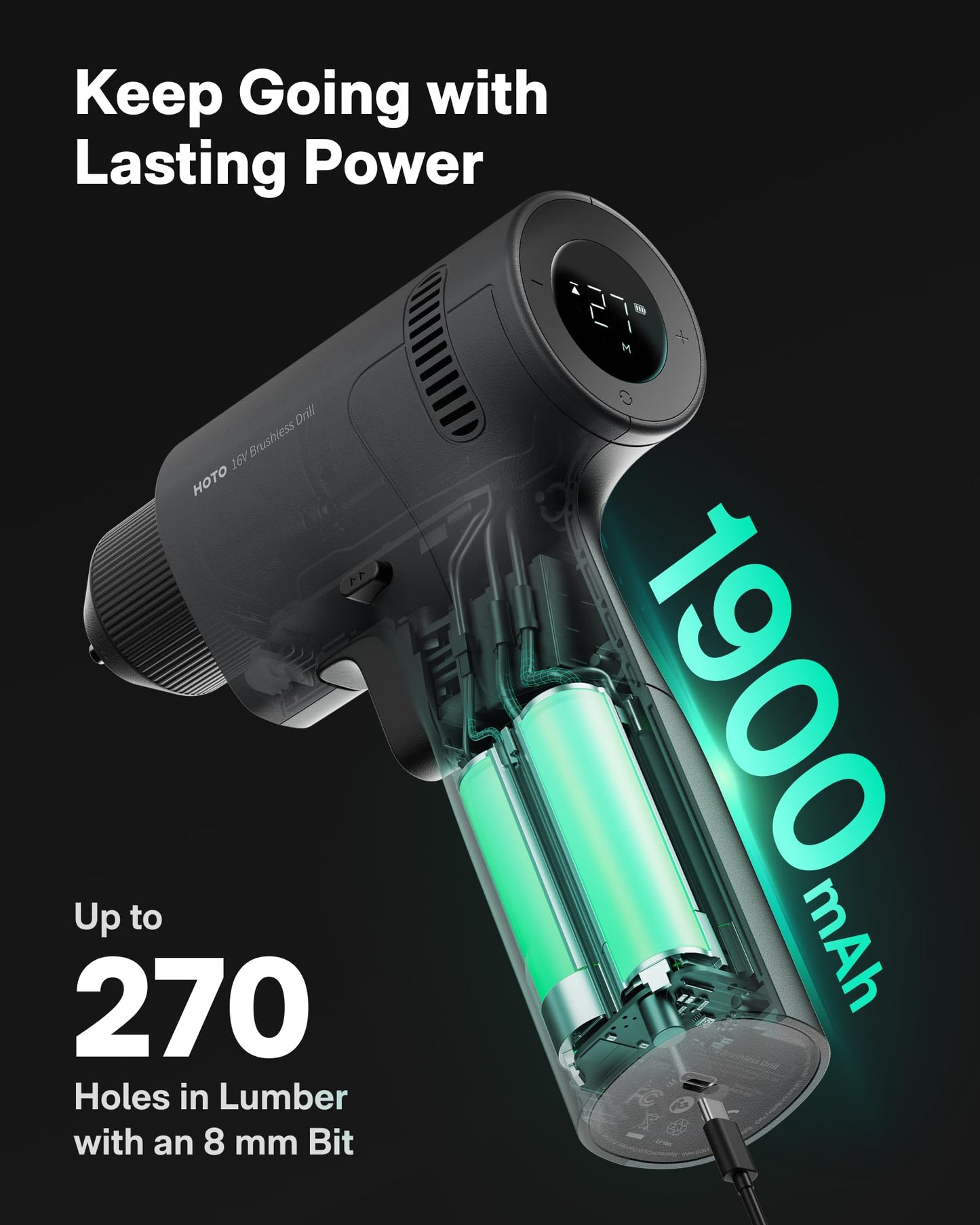 HOTO 16V Brushless Power Drill, 50 N·m High Torque with Smart Display, Auto Mode and LED Light, 10 Bits, 5 Drill Bits, 3/8” Keyless Chuck, Two Working Modes, Perfect for Home Repairs and Projects