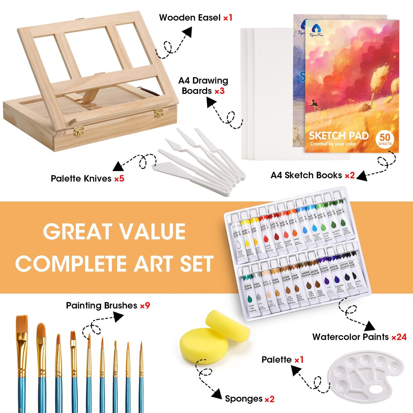 Painting Supplies Set, 49 Pieces Watercolor Painting Kit with Wooden Tabletop Easel, Includes Watercolor Paints, Brushes, Palette, Canvas Panels and Painting Pads, for Artists, Student, Adults, Kids