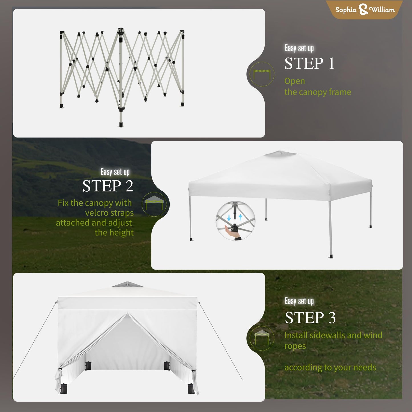 Sophia & William Canopy Tent Pop Up 10x10 ft One Person Push Set Up Canopies with 4 Sidewalls, Outdoor Shelter Heavy Duty Straight Legs with 4 Sandbags & 1 Roller Bag, 8 Stakes & 4 Guy Ropes, UPF50+