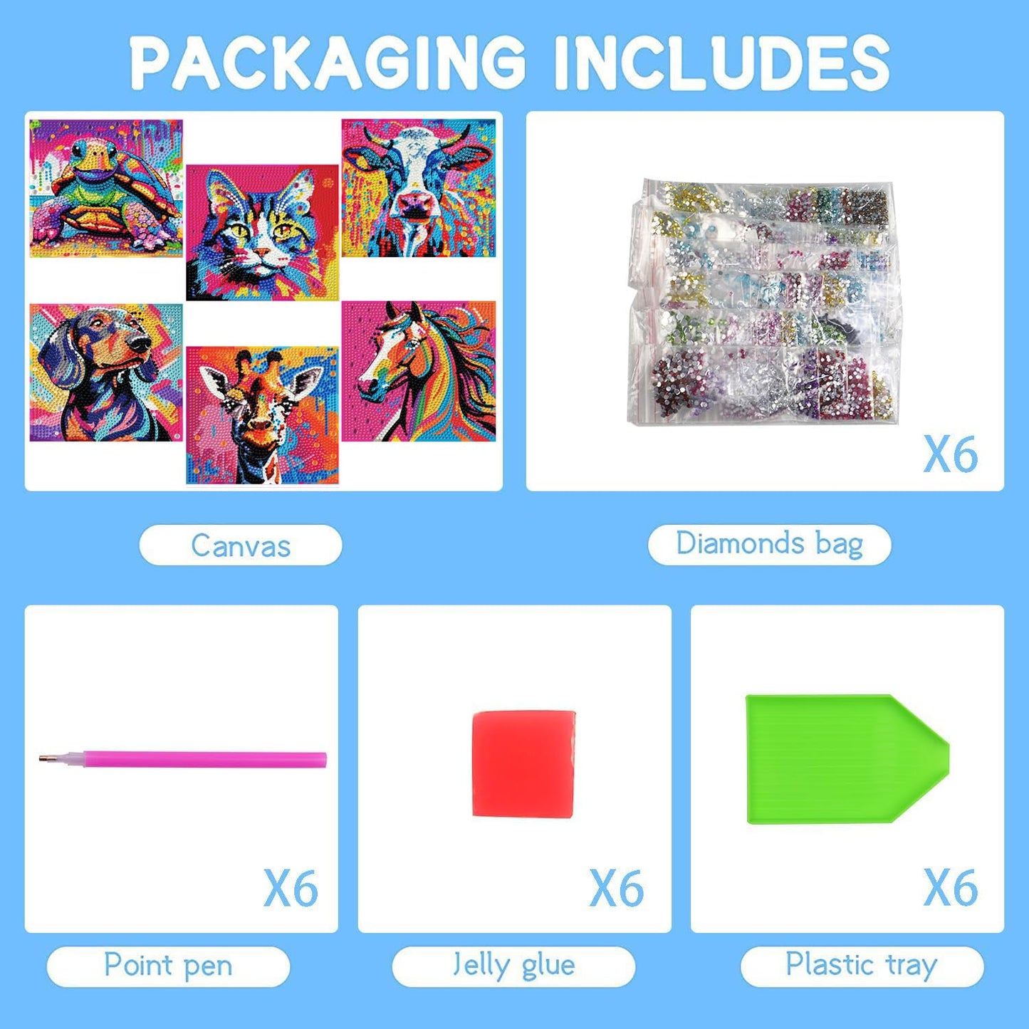 MXCFZX 6 Pack 5D Cartoon cat Diamond Painting Kits for Kids Beginners,Cute Animals DIY Horse Diamond Art Kit for Kids,Easy Full Round Drill Big Gem Art for Kid,Home Wall Decoration 6X6 inch