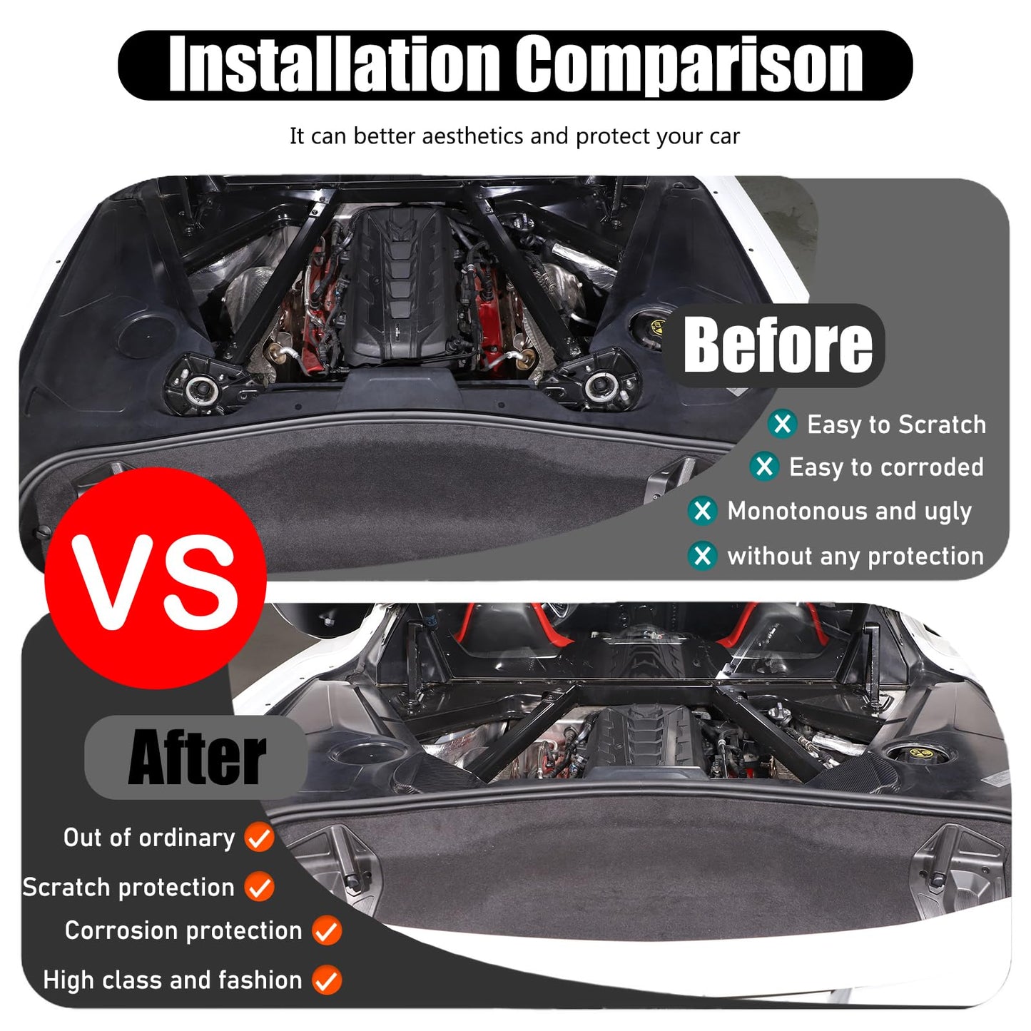 Rear Strut Tower Cover Compatible with Corvette C8 Stingray 2020-2024,Genuine Carbon Fiber Engine Bay Rear Shock Absorbing Tower Protection Panel Cover Trim 2pcs C8 Accessories (Black)