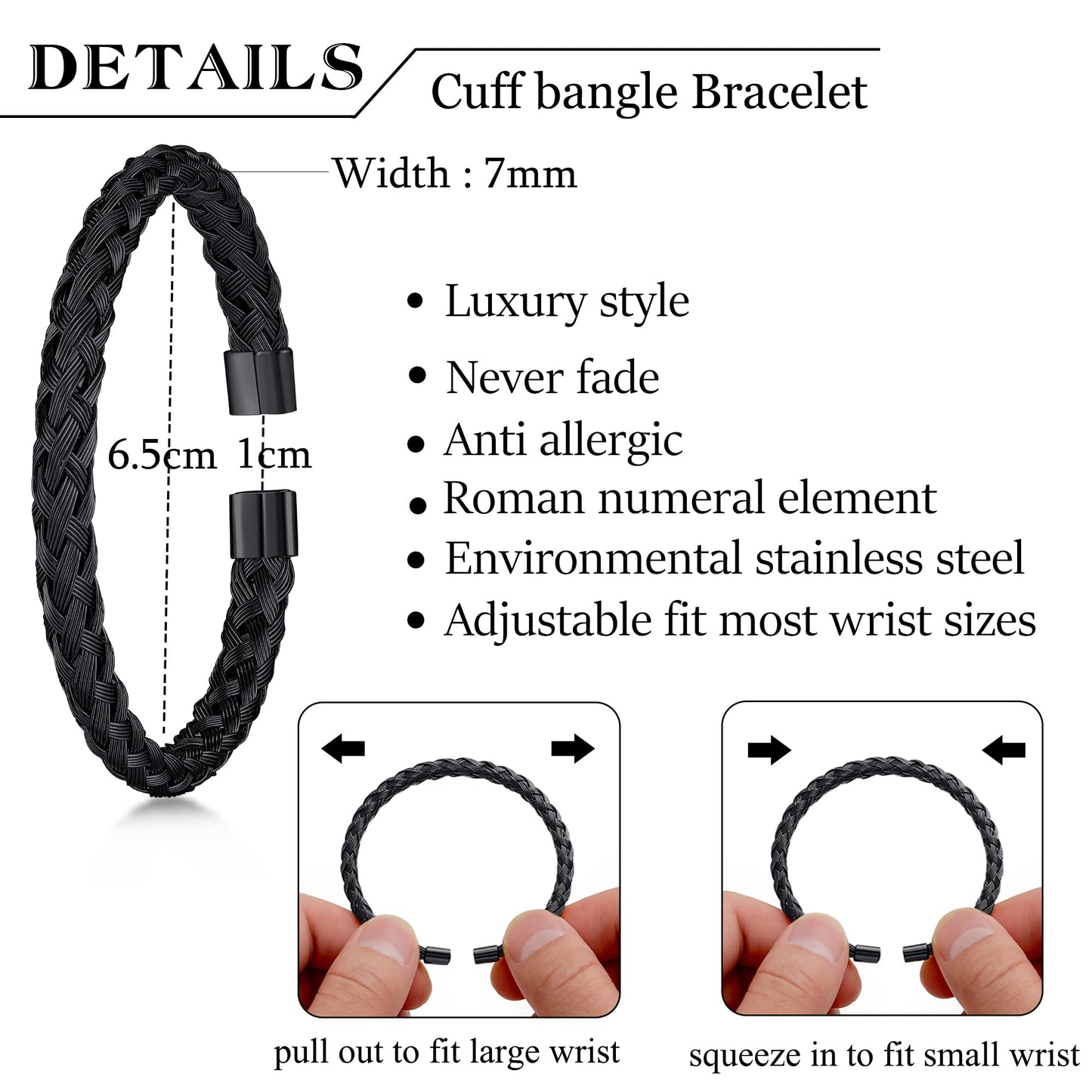 WFYOU 3PCS Stainless Steel Bracelets for Men Gold Roman Numeral Bangle Bracelet Twisted Cable Bracelet Adjustable Cuff Bracelet Mens Luxury Jewelry Bracelets Gifts(N:Black-CZ Round Beads)