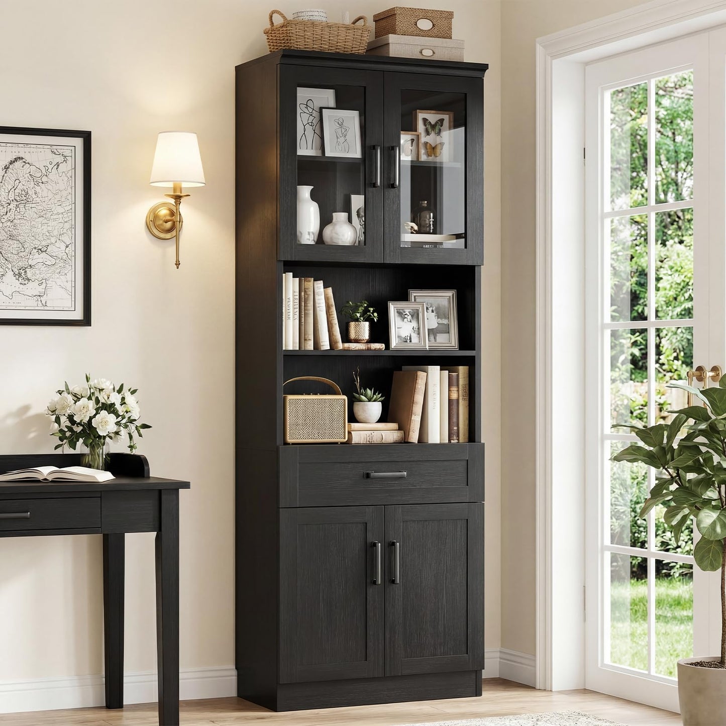 Unikito 79.7" Tall Kitchen Pantry Storage Cabinet, Freestanding Kitchen Hutch Cabinet with Glass Door, Adjustable Shelves and Drawer, Display Bookcase for Living Room, Dining Room, Bathroom, Black