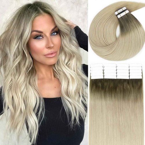 Lacerhair Rooted Tape in Hair Extensions Human Hair Seamless Skin Weft Real Remy Invisible Natural Hair #8G/60A Double Sided Light Platinum Blond with Light Ash Brown Roots 22" 50g