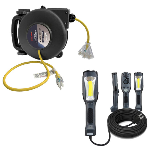 14 Gauge 45 FT SJTOW Retractable Extension Cord, Heavy Duty Power Cord, 11 Amp 125V 1375W with 1600 Lumen 15ft 116AWG 3C SJTW Cord Handheld Outdoor Work Light for Garage, Workshop, Car Repair Scene
