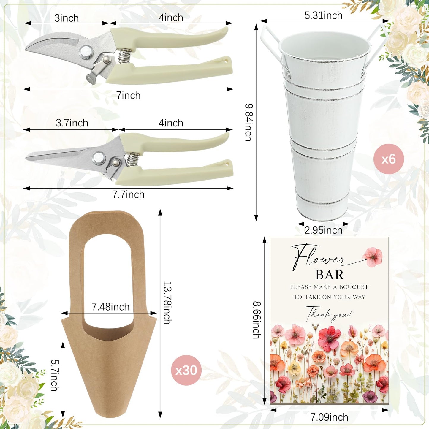 LEIFIDE Flower Bar Buckets Set Kit Bloom Bar Supplies Include Wood Sign Gift Bags Iron Bucket Garden Flower Shears for Wedding Bridal Shower Graduation Birthday Table Centerpieces(39 Pcs,White)