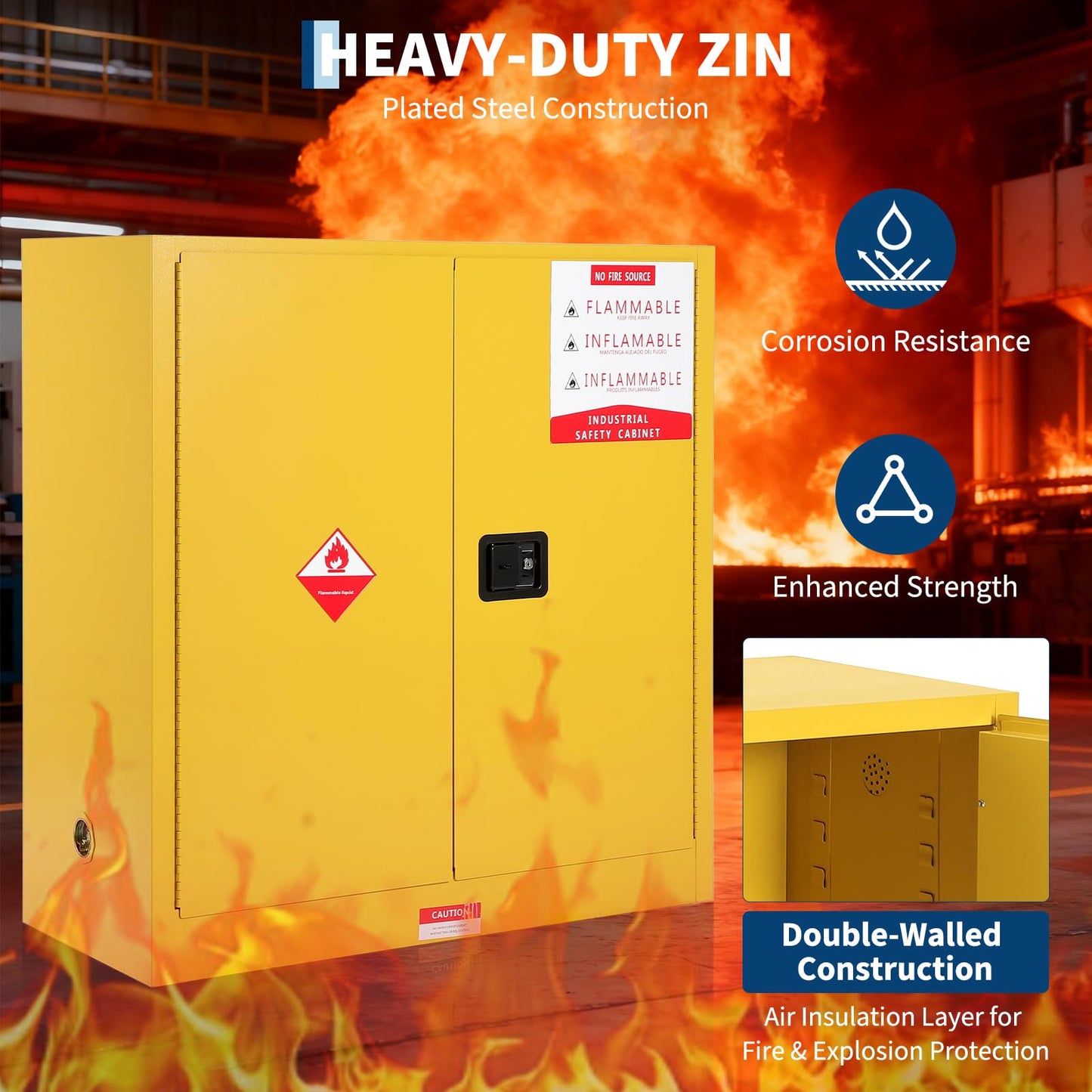 Hazardous Storage Cabinets, Flammable Cabinet, Cold-Rolled Steel Flammable Liquid Storage Cabinet Auto Closing Door for Industrial Use, Flammable Safety Cabinet, Cold-Rolled Steel Fire Resistant