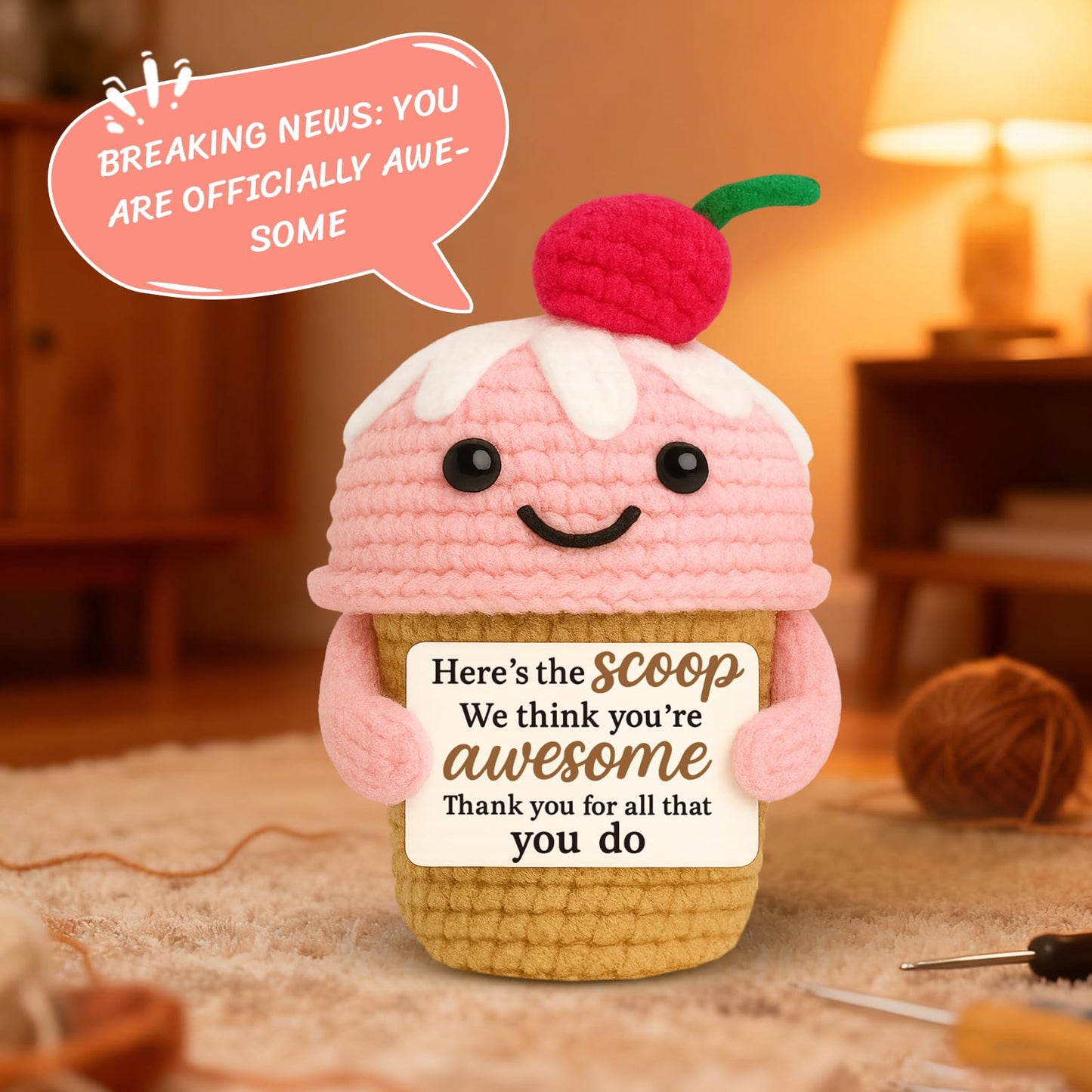 zavvoolly Employee Appreciation Gifts for Women Coworkers - Funny Positive Crochet Ice Cream Desk Decor - Thank You Farewell Going Away Gift for Friend, Nurse, Teacher, Team