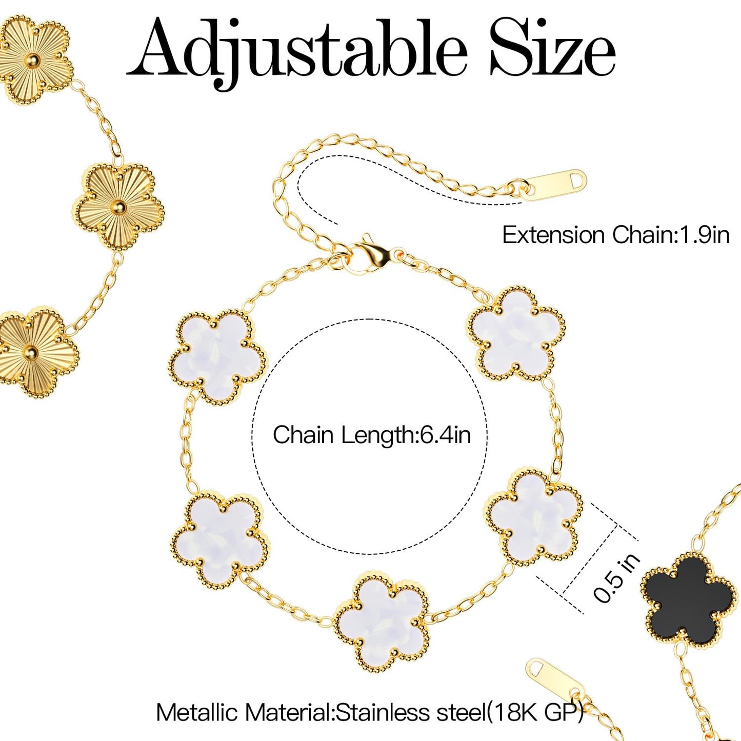 AICase 18K Gold Plated Clover Bracelet Dupes Gold/White/Black Bracelet Set for Women Flower Leaf Lucky Clover Bracelets Trendy Jewelry Birthday Gifts for Women/MoM/Friends