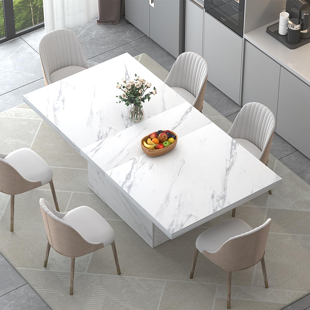 HSH 71” White Faux Marble Dining Table, Rectangle Modern Dinner Kitchen Table for 6-8, Farmhouse Long Kitchen Furniture for Living Room, Industrial Wood Dining Room Table with Sturdy Base