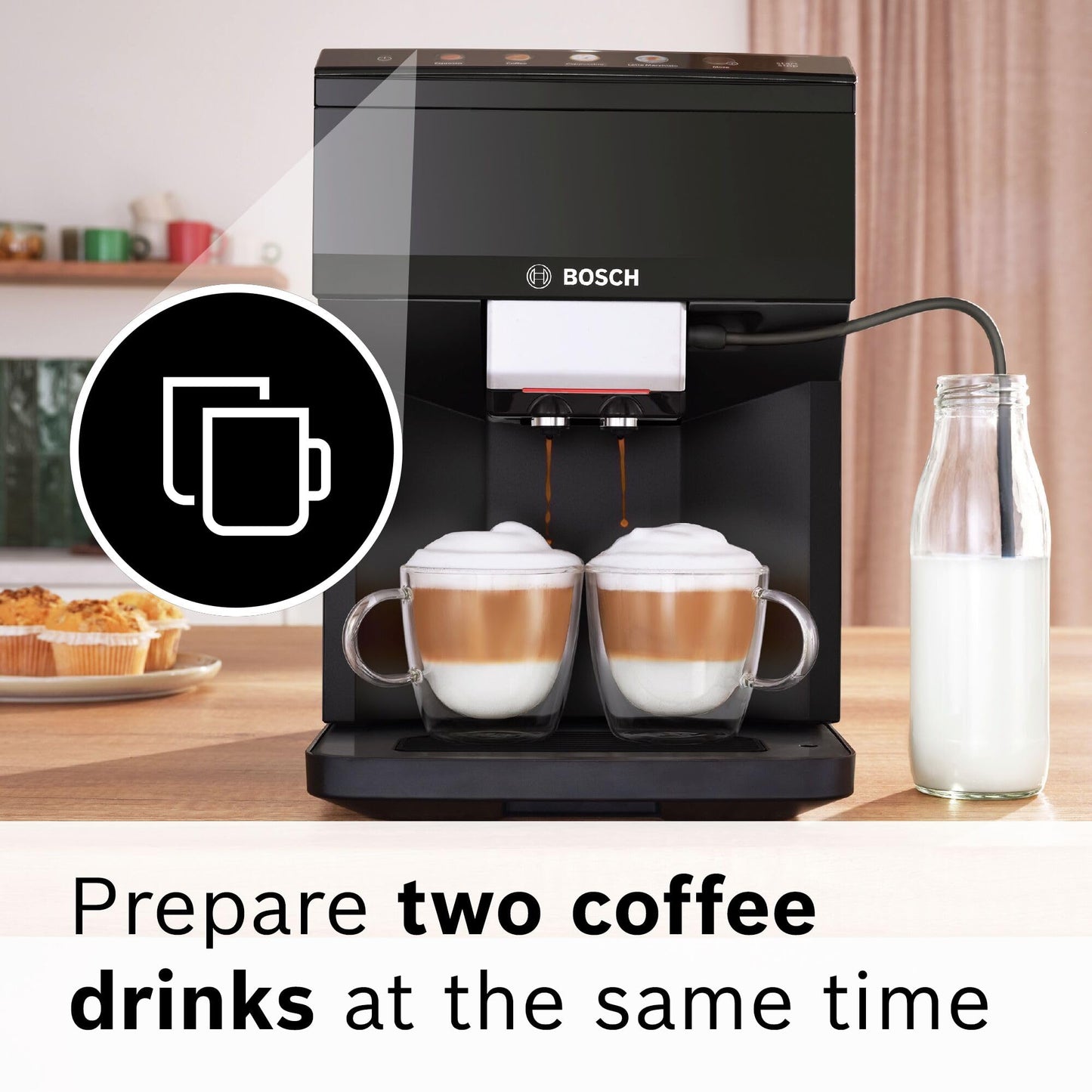 Bosch Fully Automatic Coffee and Espresso Machine - 9 Drinks, Barista Quality, Double Cup Super Coffee Maker - Programmable Machine, Large Bean Capacity - Easy Clean, Maintenance - Black - TPU40109