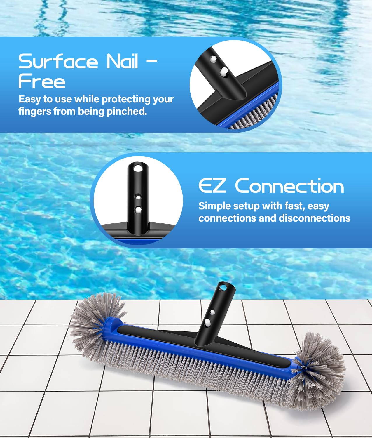 17.4'' Swimming Pool Brush Head with Round Ends, EZ Clip Aluminum Handle, Heavy Duty Pool Brushes for Clean Swimming Pools Faster, Extra Corner Brush Head for Clean Pool Steps & Corners