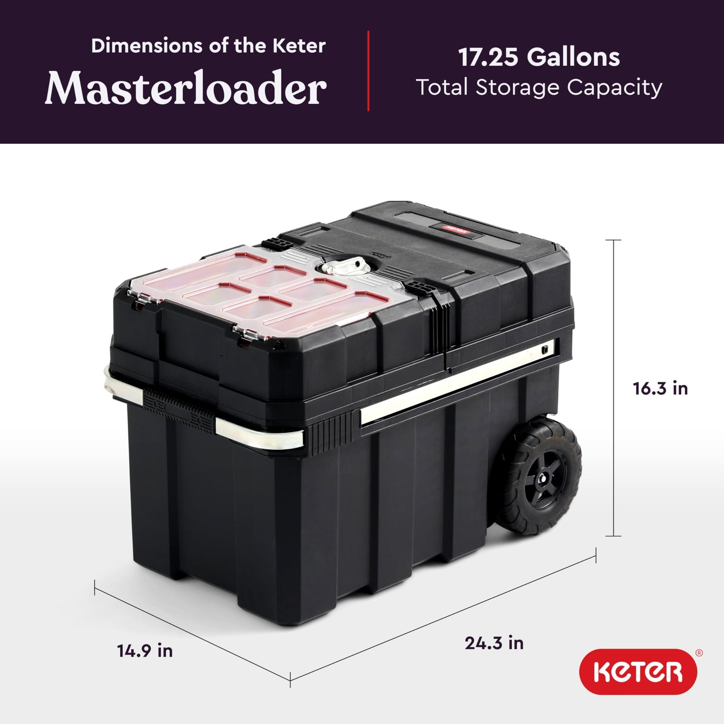 Keter Masterloader Resin Rolling Tool Box with Locking System and Removable Bins – Perfect Organization and Storage Chest for Power Drill, Tape Measure, and Screwdriver Set, Black
