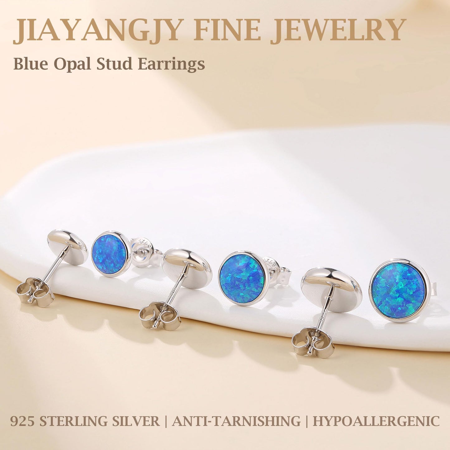 JiayangJY Silver Blue Fire Opal Stud Earrings for Women 18K White Gold Plated Sterling Silver Round Shape 7mm Opal Earrings with Push Back