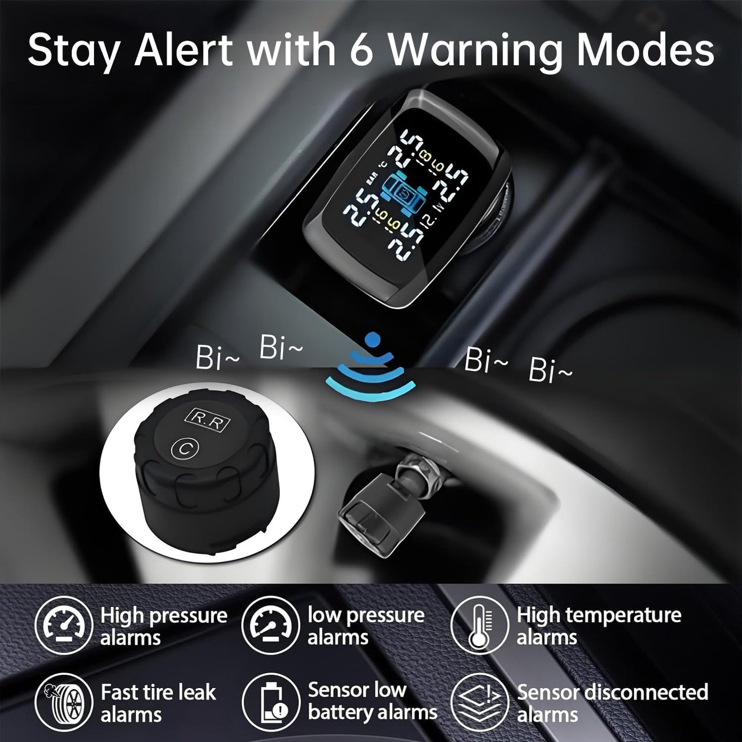 slrongpowlr Real-time TPMS Trailer Tire Pressure Monitoring System, Wireless TPMS Sensors Set of 4 External Tire Pressure Sensors with Alarm Modes for RV SUV MPV Truck Sedan (0-87 PSI)