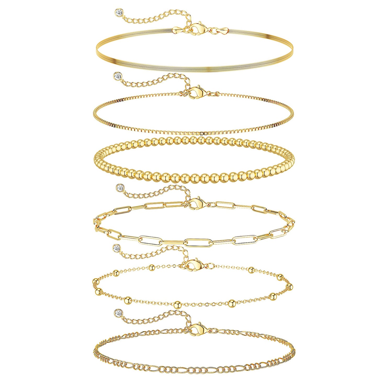 DEARMAY 14K Gold Plated Bracelets for Women, Jewelry Sets Trendy Dainty Stackable Paperclip Rope Snake Box Figaro Chain Bracelets Pack Costume Fashion Gifts