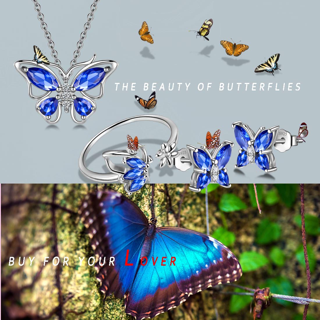 Hipunk Butterfly Blue Jewelry Sets Birthstone Women 925 Sterling Silver September-Sapphire Birth Stone Animal Butterflies Jewelry Sets/Earring/Ring Set Crystal Birthday Jewelry SS0002S