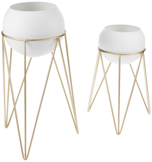 Admired by Nature White Plant Bowl Pot in Mid Century Designed Gold Stand Display Rack - Set of 2 - for Home Decor, Indoor Plants, Succulents, Flowers, Organization, Storage